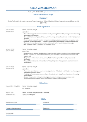 Senior Technical Analyst Resume Sample and Template