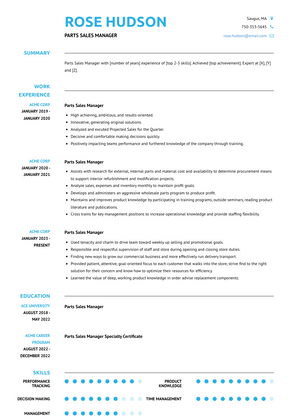 Parts Sales Manager Resume Sample and Template