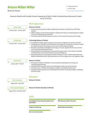 Resource Teacher Resume Sample and Template