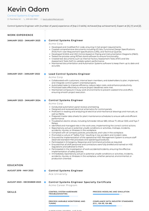 Control Systems Engineer Resume Sample and Template