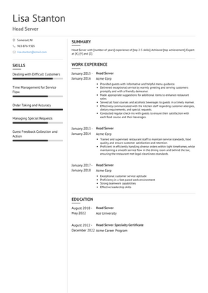 Head Server Resume Sample and Template