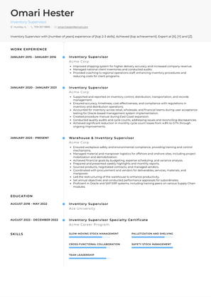 Inventory Supervisor Resume Sample and Template