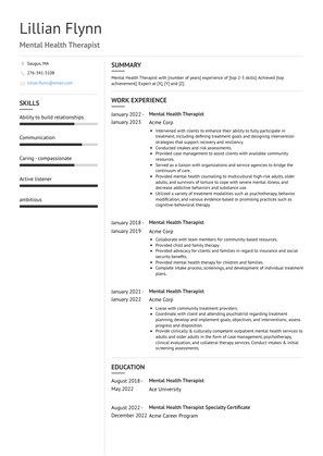 Mental Health Therapist Resume Sample and Template