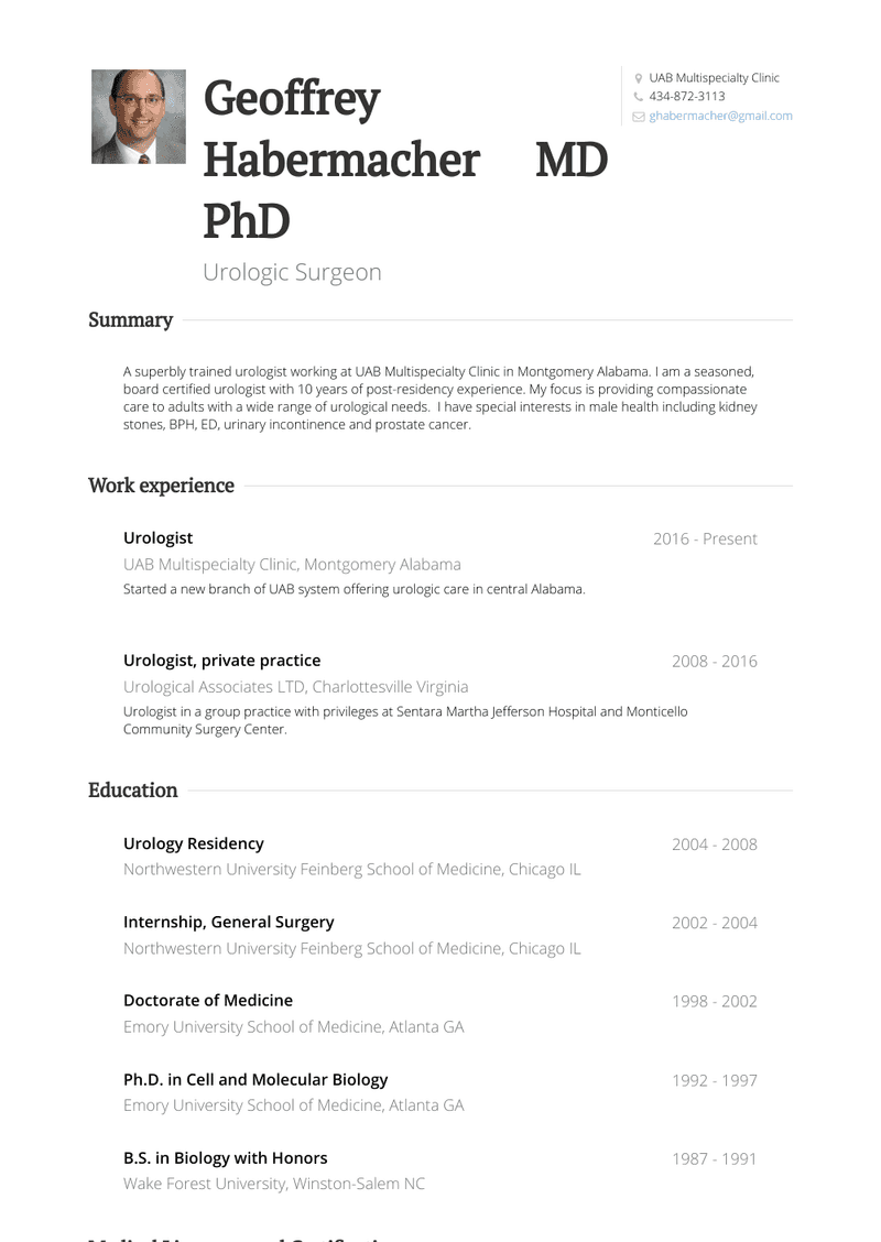 Urologist, Private Practice Resume Sample and Template