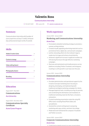 Communications Internship Resume Sample and Template