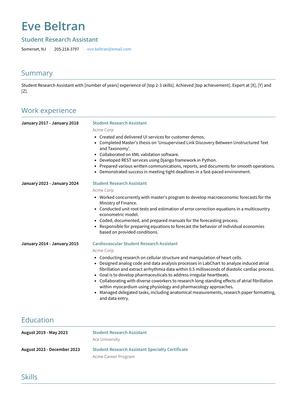 Student Research Assistant Resume Sample and Template