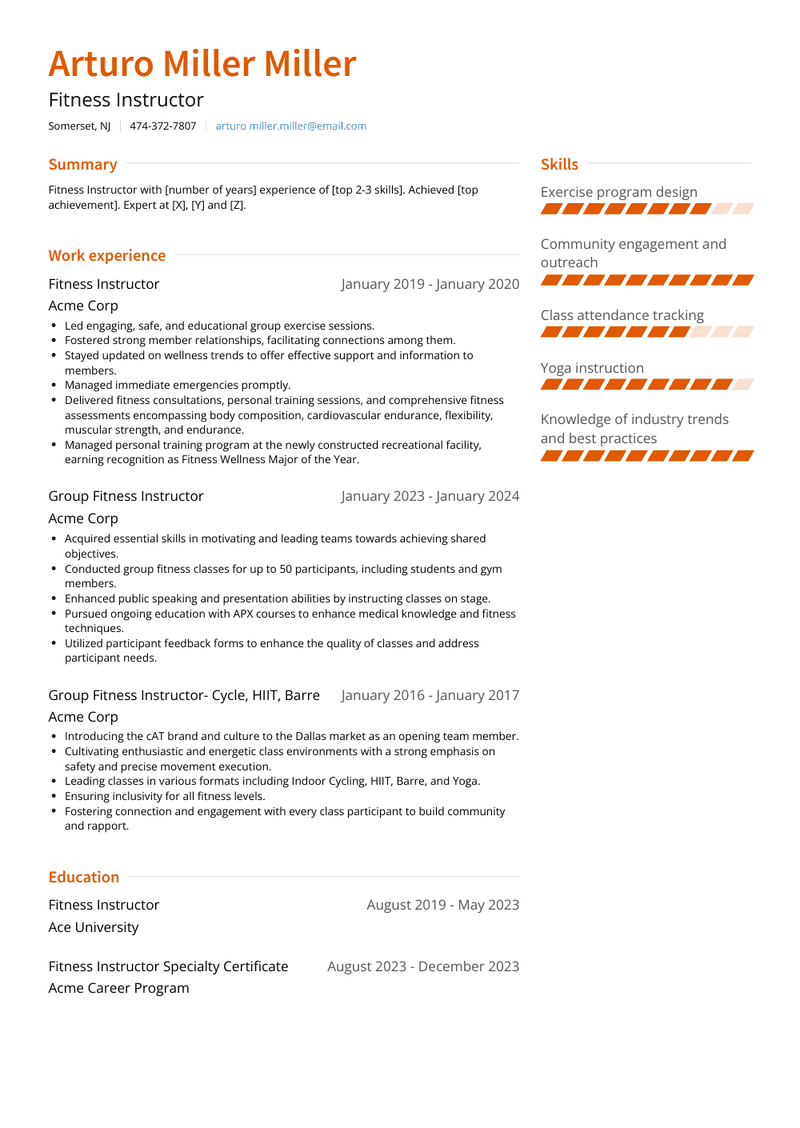 Fitness Instructor Resume Sample and Template