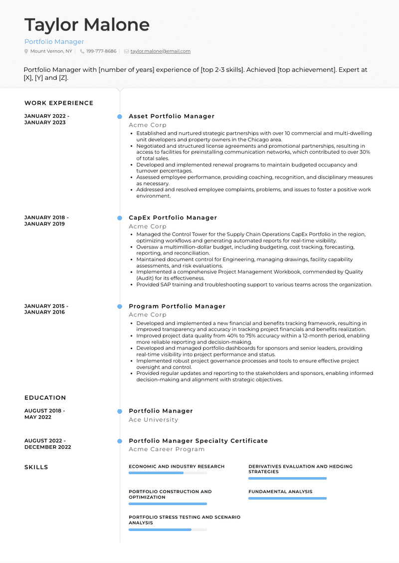 Portfolio Manager Resume Sample and Template