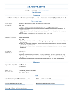 Cast Member Resume Sample and Template