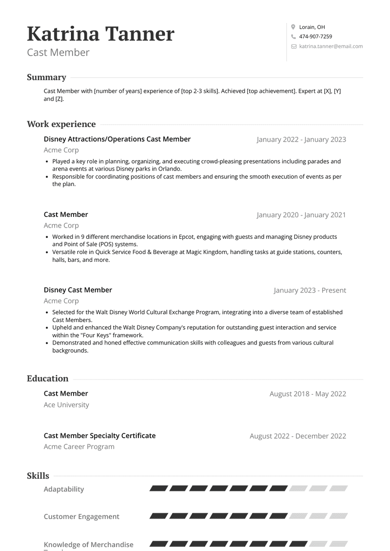 Cast Member Resume Sample and Template