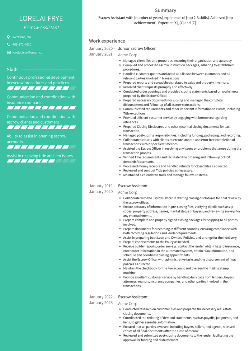 Escrow Assistant Resume Sample and Template