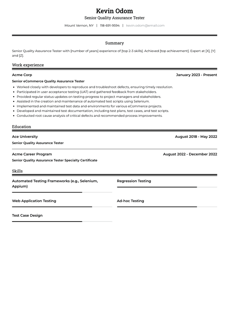 Senior Quality Assurance Tester Resume Sample and Template