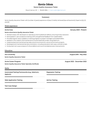 Senior Quality Assurance Tester Resume Sample and Template