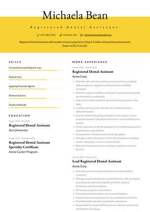 Registered Dental Assistant Resume Sample and Template