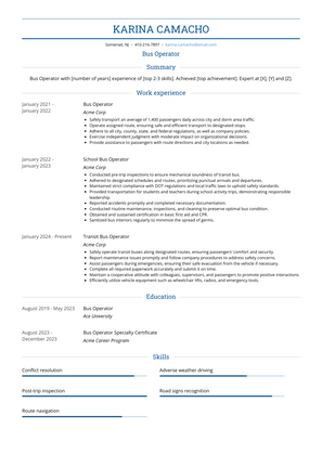 Bus Operator Resume Sample and Template