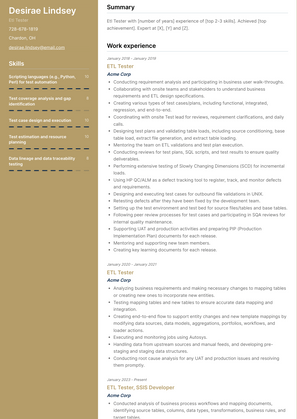Etl Tester Resume Sample and Template