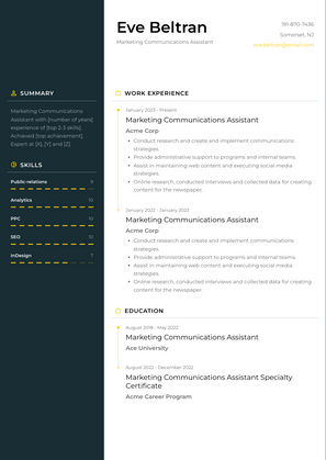 Marketing Communications Assistant Resume Sample and Template