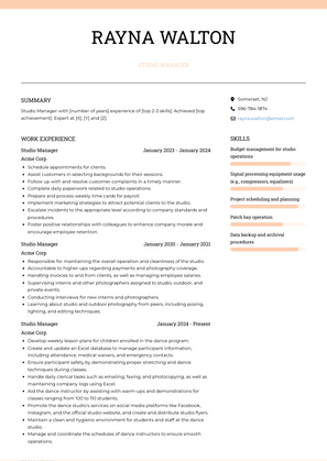 Studio Manager Resume Sample and Template