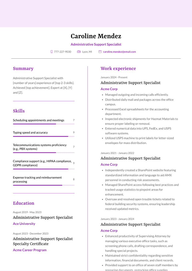 Administrative Support Specialist Resume Sample and Template
