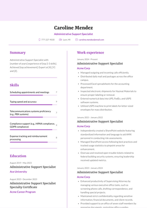 Administrative Support Specialist Resume Sample and Template