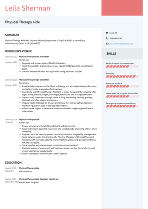 Physical Therapy Aide Resume Sample and Template