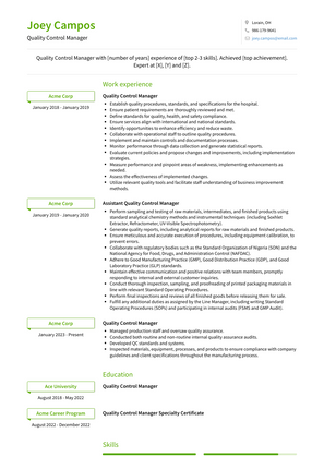 Quality Control Manager Resume Sample and Template