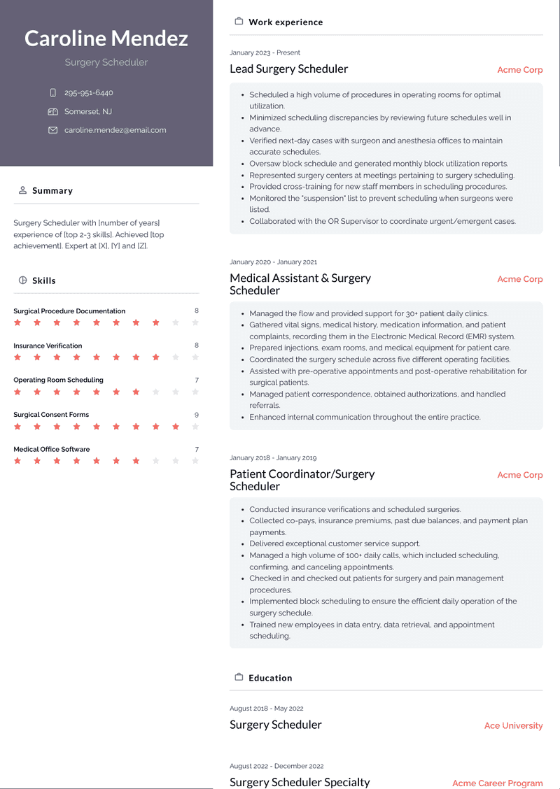 Surgery Scheduler Resume Sample and Template