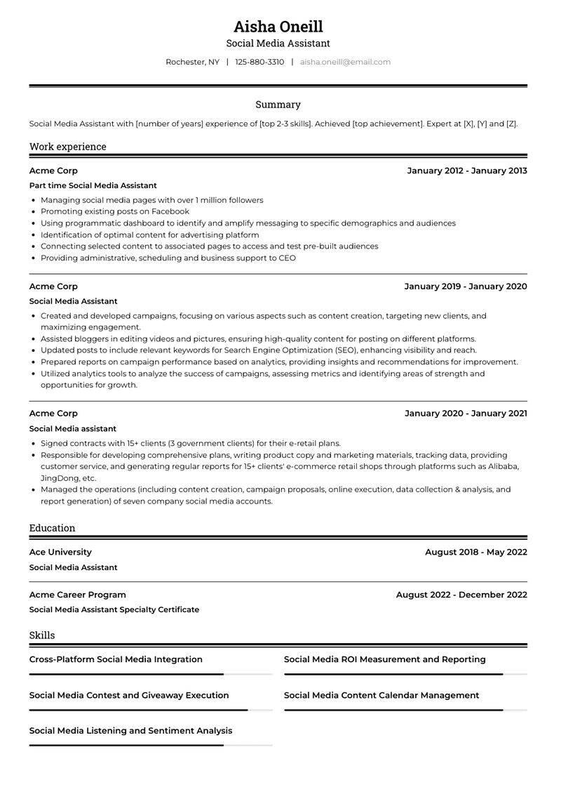 Social Media Assistant Resume Sample and Template