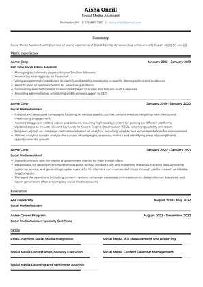 Social Media Assistant Resume Sample and Template