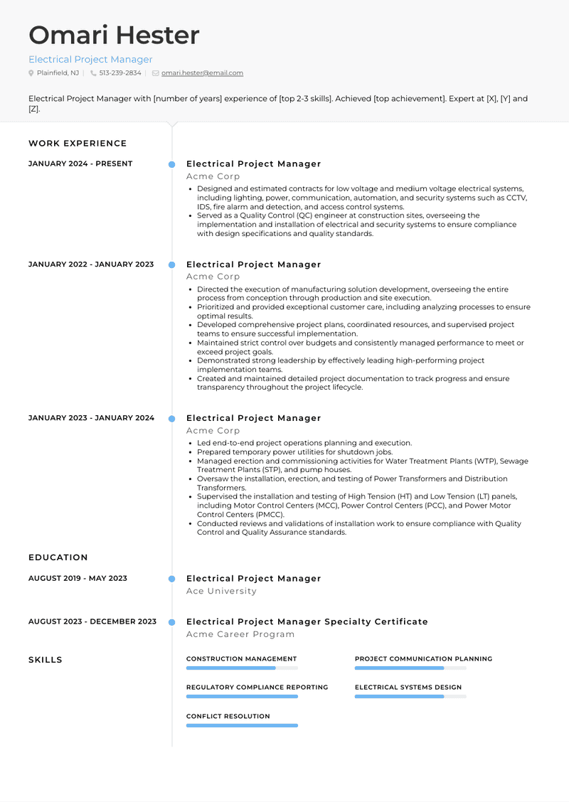 Electrical Project Manager Resume Sample and Template