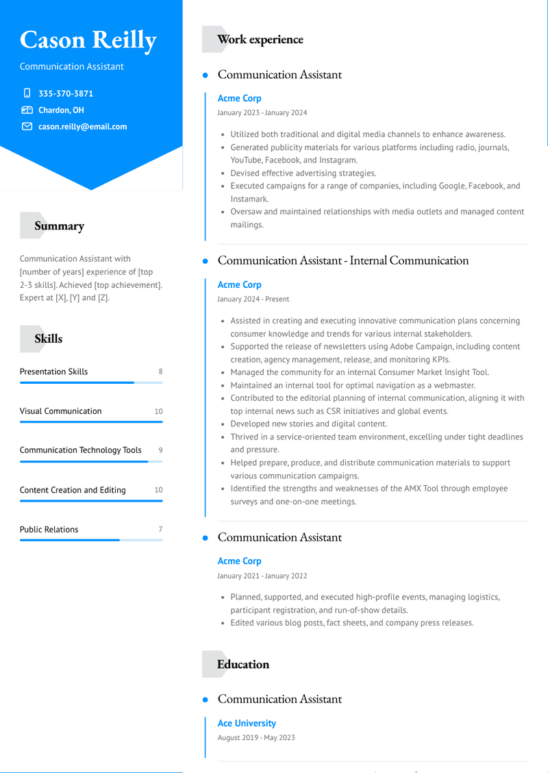 Communication Assistant Resume Sample and Template