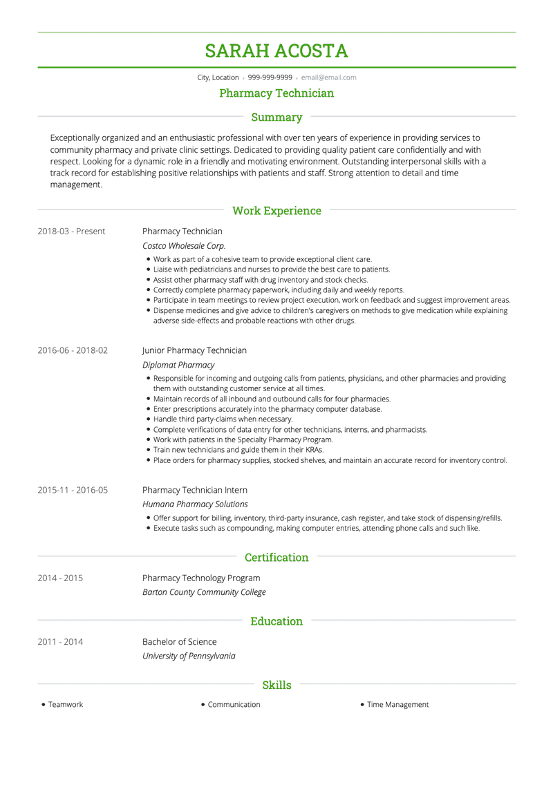 Pharmacy Technician CV Example and Template