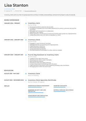 Inventory Clerk Resume Sample and Template