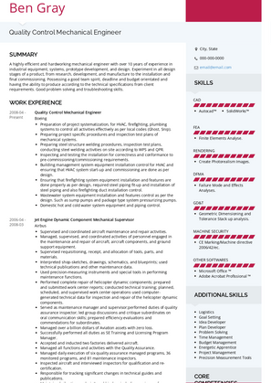 Quality Control Mechanical Engineer Resume Sample and Template