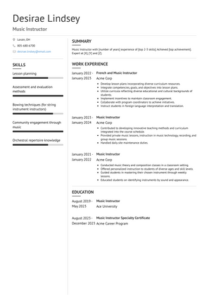 Music Instructor Resume Sample and Template