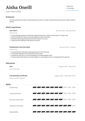 Law Internship Resume Sample and Template