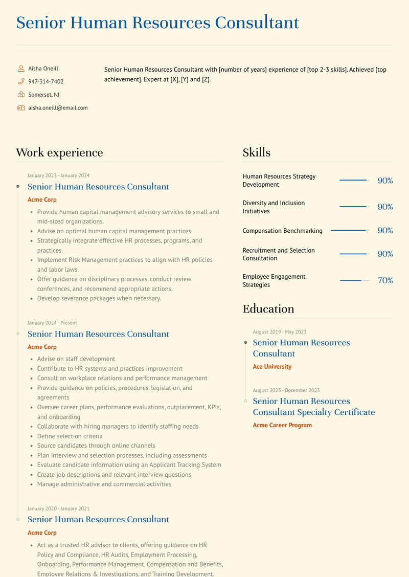 Senior Human Resources Consultant Resume Sample and Template