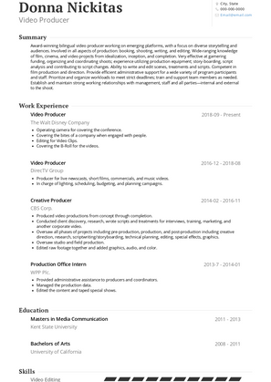 Senior Video Producer Resume Sample and Template