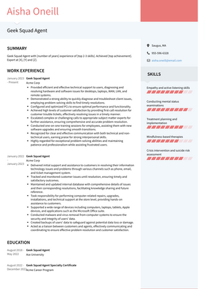Geek Squad Agent Resume Sample and Template