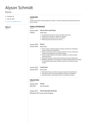 Pianist Resume Sample and Template