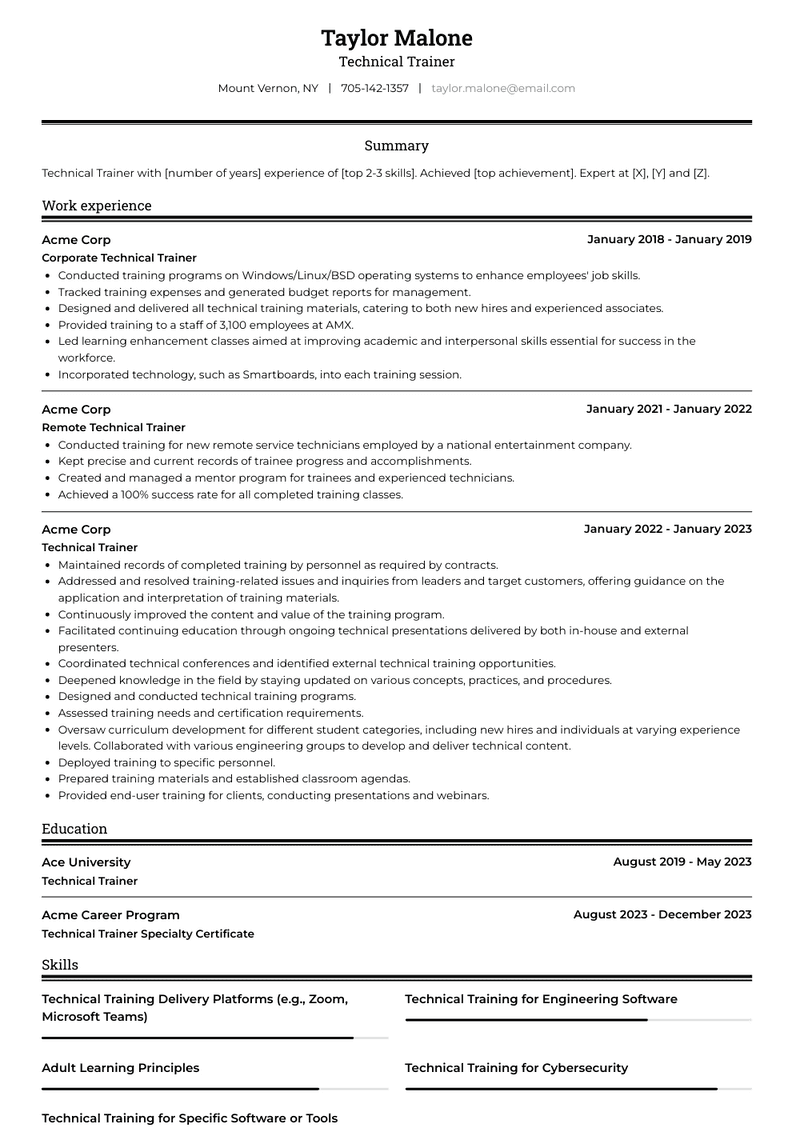 Technical Trainer Resume Sample and Template