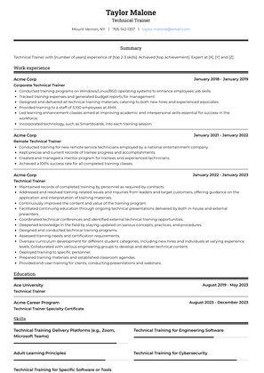 Technical Trainer Resume Sample and Template