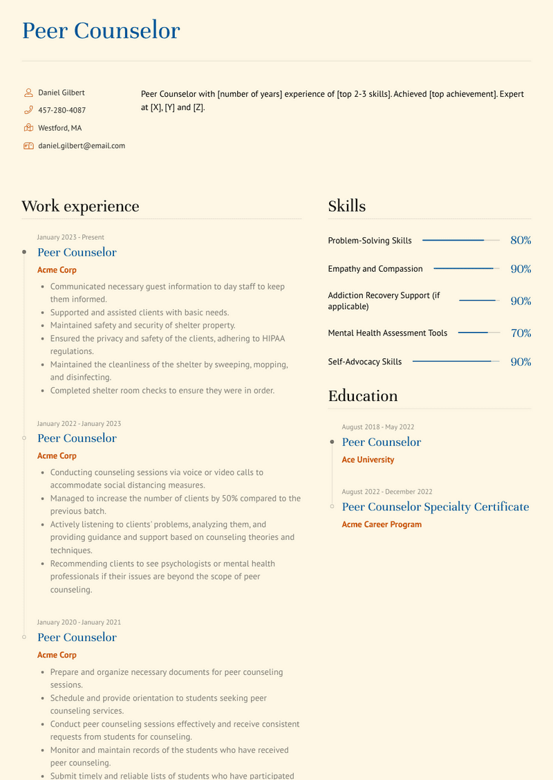 Peer Counselor Resume Sample and Template