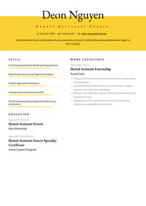 Dental Assistant Extern Resume Sample and Template