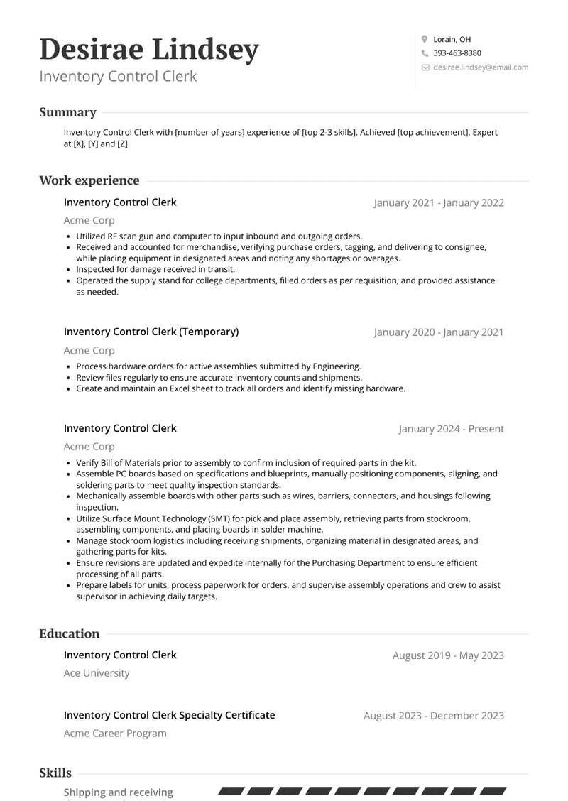 Inventory Control Clerk Resume Sample and Template