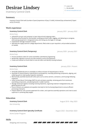 Inventory Control Clerk Resume Sample and Template