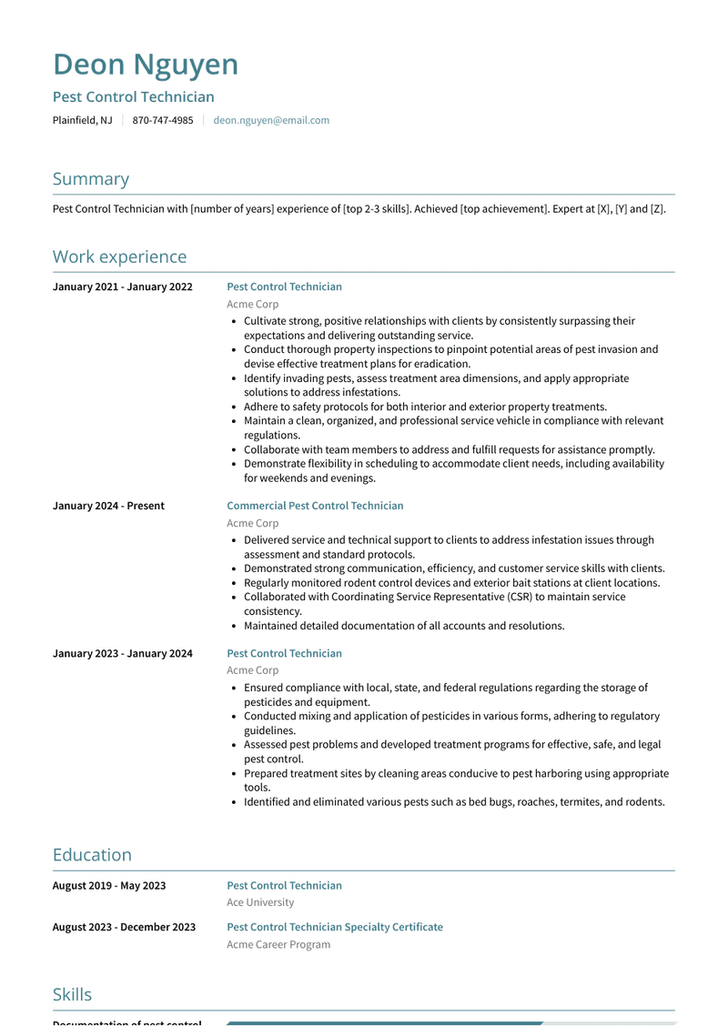 Pest Control Technician Resume Sample and Template