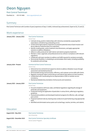 Pest Control Technician Resume Sample and Template