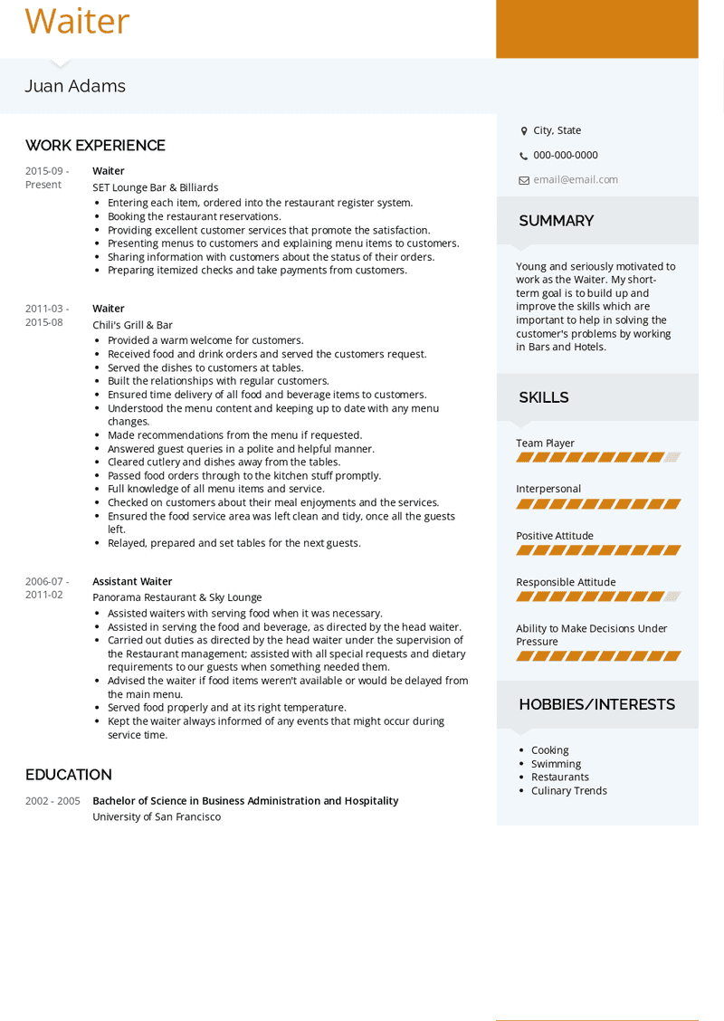 Waiter Resume Sample and Template