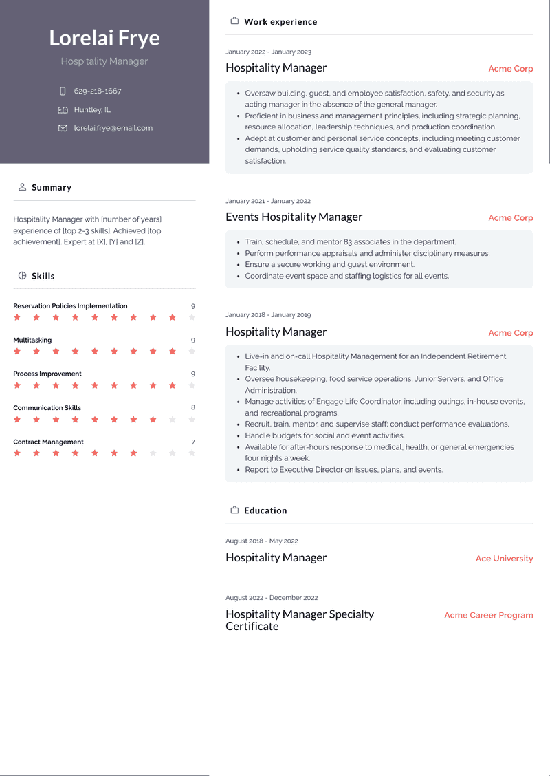 Hospitality Manager Resume Sample and Template